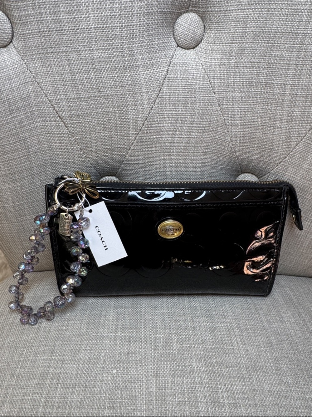 Coach Black Patent Leather Signature Wristlet Clutch with Gold Hardware